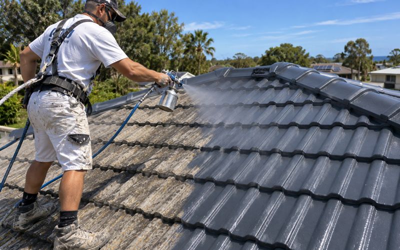 Roofer spray-coating a tiled roof in dark grey roof paint