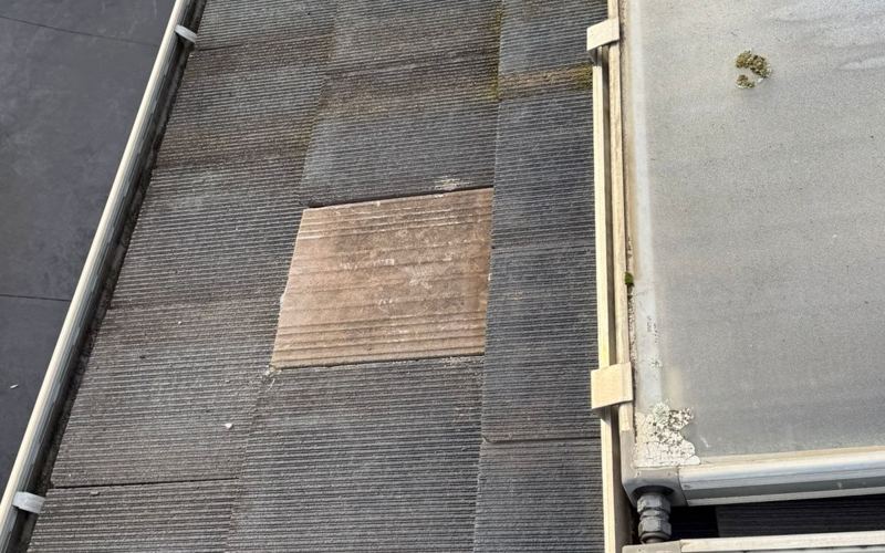 Concrete tile roof with a single new replacement tile among the older weathered tiles